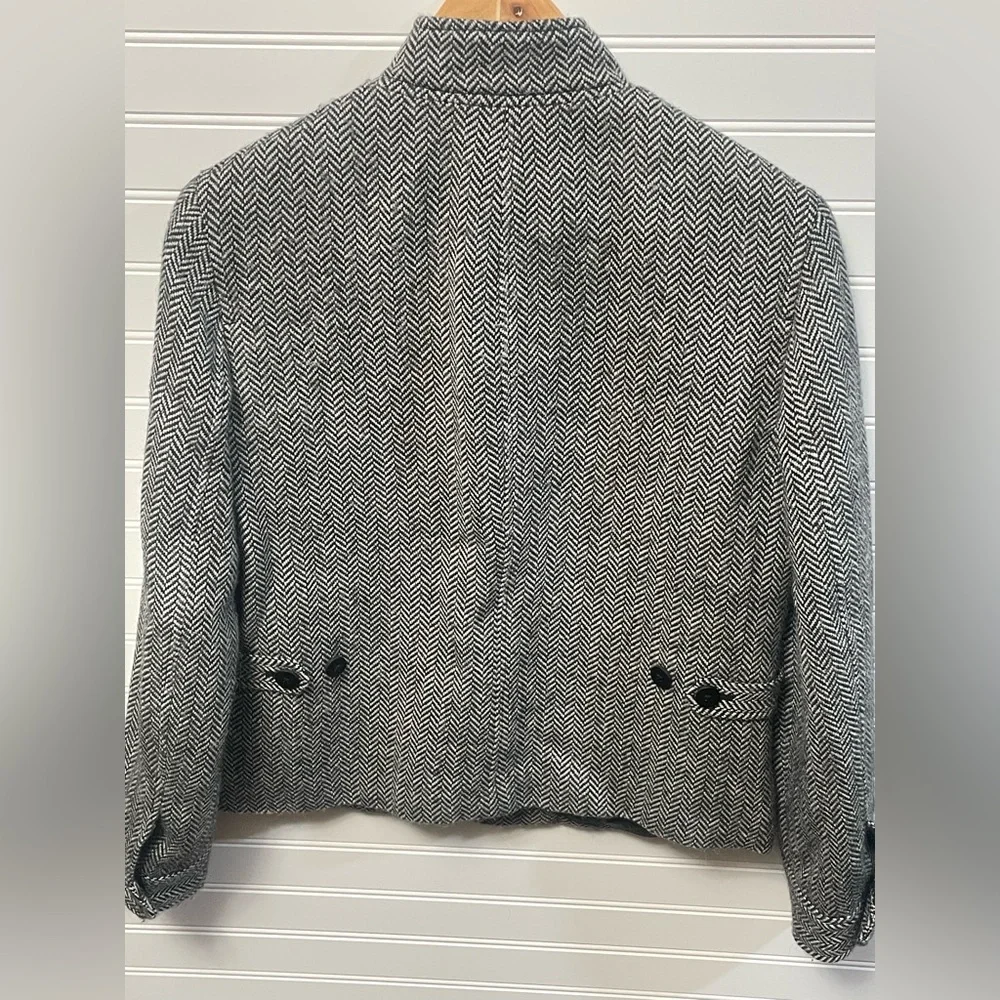 Lauren Ralph Lauren Black & White Herringbone Jacket Wool Alpaca Leather Size 4 - Picture 2 of 11